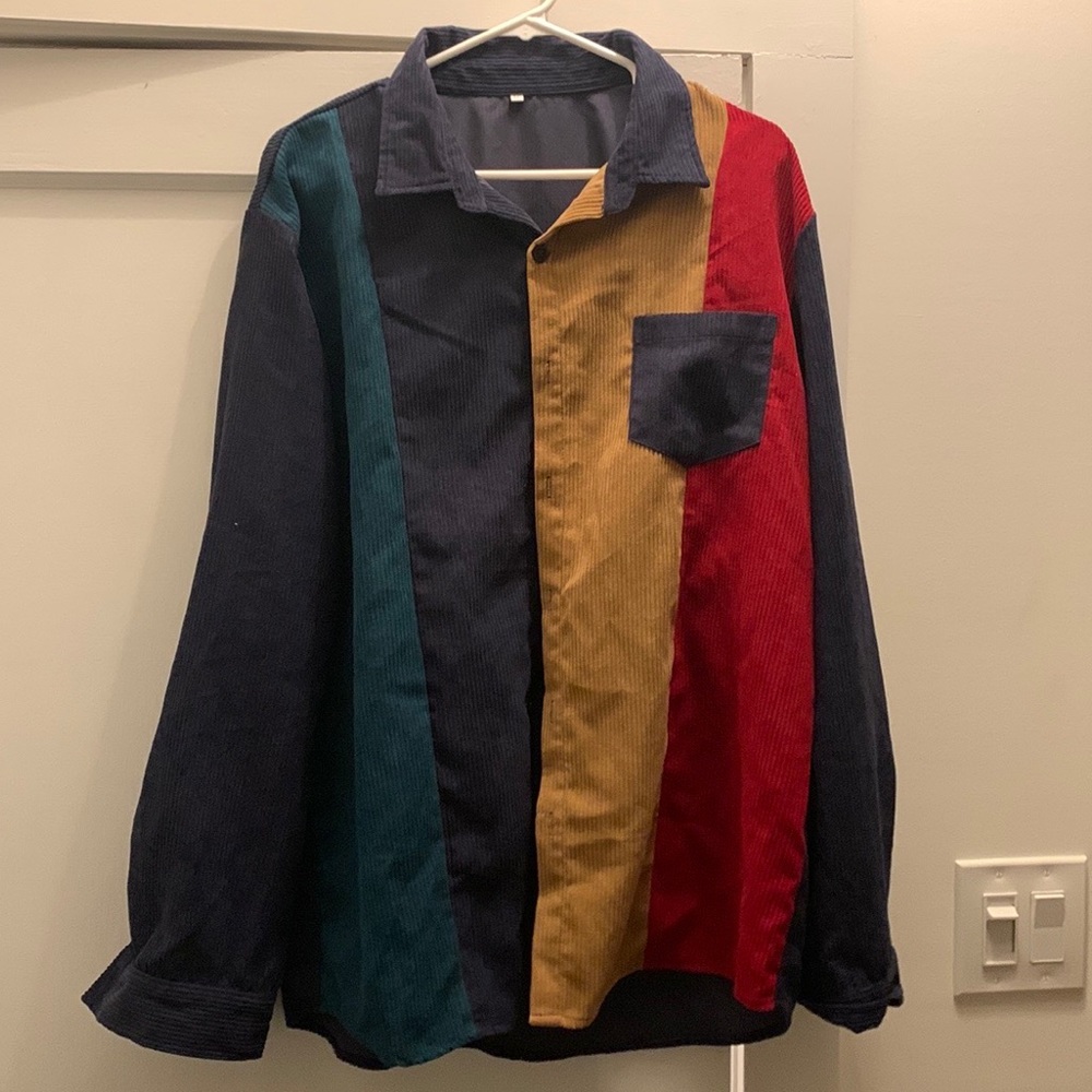 Men Color Block Patched Pocket Corduroy Shirt Size XL - Picture 2 of 7